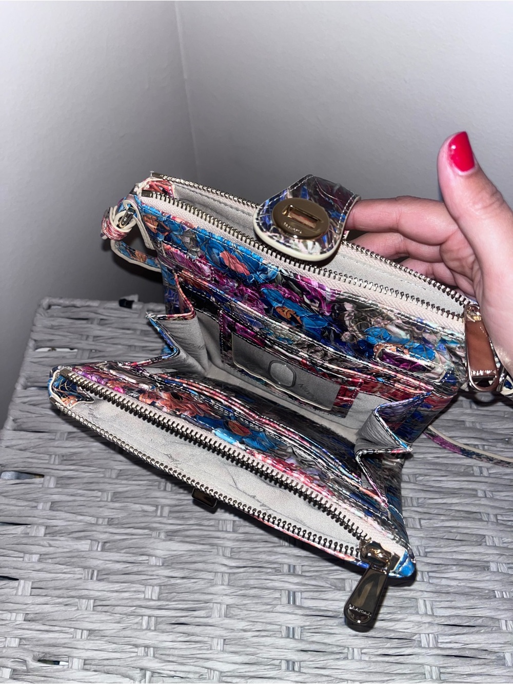 Brahmin Multicolor Floral Embossed Leather Crossbody — Pink Blue Purple Accents - Picture 4 of 4
